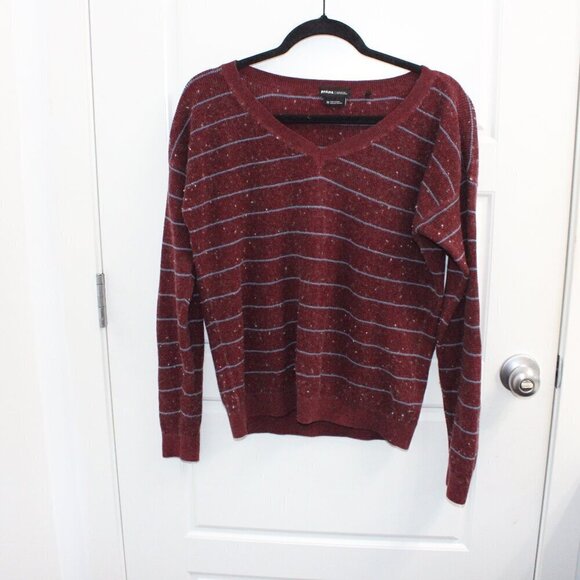 Prana Long Sleeve V Neck Sweater Striped Burgundy Size Medium - Picture 1 of 3
